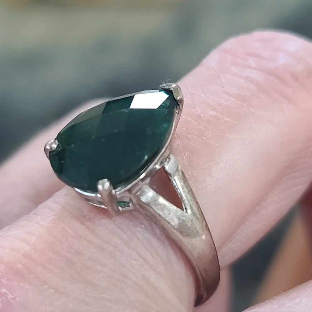 Emerald Green Teardrop Solitaire Ring, Sterling Silver Setting - Picture 10 of 11